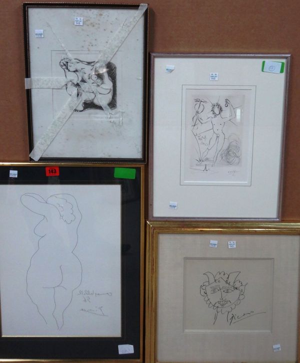 After Pablo Picasso, Nude study, etching; together with a further Picasso print, an etching by Dali, and a further etching of a nude, indistinctly sig
