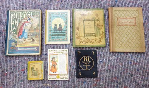 GREENAWAY (K.)  Almanack for 1884.  title & 12 other fully-coloured pp.; cloth-backed coloured pictorial boards.  *  the taller version;   Almanack fo