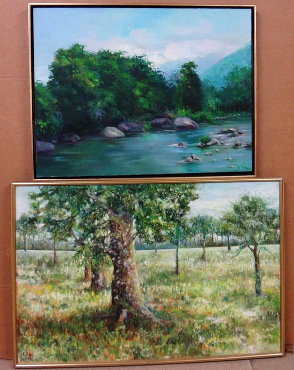 L. Soreck (20th century), Wooded river scene; Orchard, two, oil on canvas, both signed, the larger, 60cm x 90cm (2).  H1
