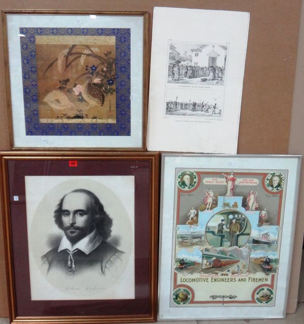 A small group of prints, including a modern print of Shakespeare, an Oriental subject of birds, a poster for the Associated Society of Locomotive engi