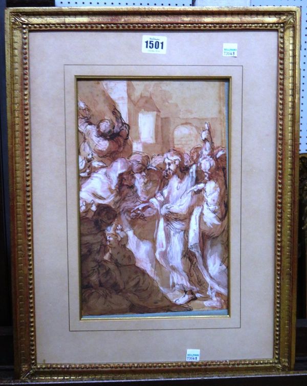 Italian School (18th century), Biblical scene, pen, ink, sepia wash and red chalk heightened with white, 32cm x 20cm.