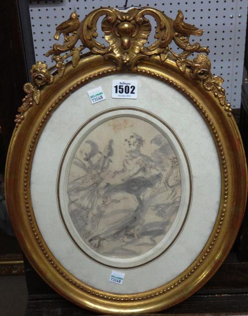 Manner of Tiepolo, Biblical scene, pen, ink and grey wash, oval, 20cm x 15cm.