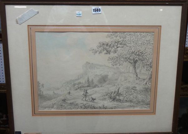 Anthony Devis (1729-1817), Figures in a landscape, pen and ink, 30cm x 42cm.Provenance: with The Fine Art Society.Together with a monochrome watercolo