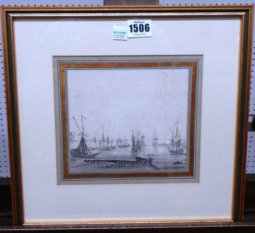 Dutch School (18th/19th century), Harbour scene, pen, ink and grey wash, 14.5cm x 15.5cm.