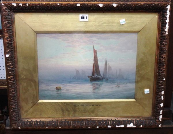 Follower of Myles Birket Foster, Boats at sunrise, watercolour, bears a monogram, 26cm x 37cm.