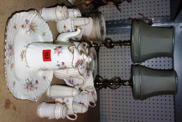 A part Minton floral decorated tea service together with a pair of brass table lamps.  S2M