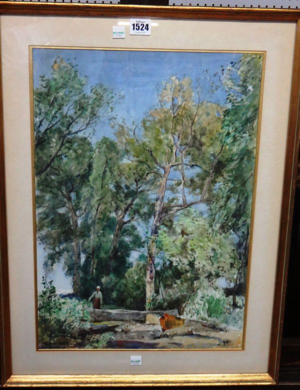 Sir Herbert Edwin Pelham Hughes-Stanton (1870-1937), A figure amongst trees, watercolour, signed, 50cm x 34cm.