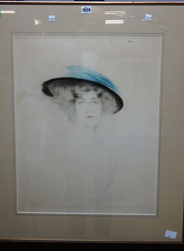 Paul Cesar Helleu (1859-1927), Lady in a blue hat, etching printed in colours, signed, 58cm x 45cm.