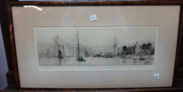 William Lionel Wyllie (1851-1931), Royal Albert Yacht Club, Southsea; Royal Yacht Squadron, Cowes, two etchings, both signed in pencil, each 12cm 37.5