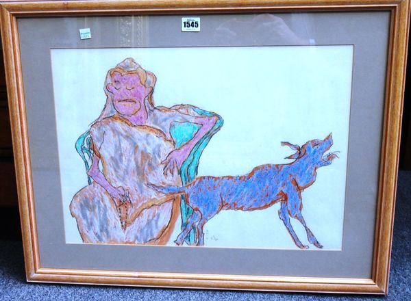Amit Ambalal (b.1943), Figure and dog, mixed media, signed and dated 7 3/90, 36cm x 52cm. DDS