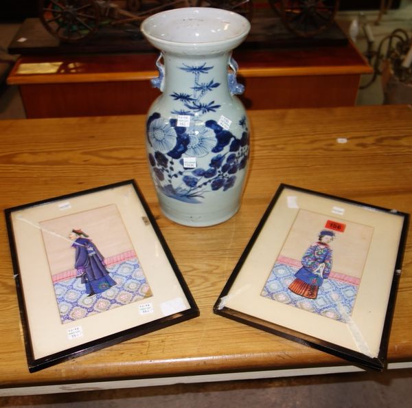 A pair of Chinese paintings on silk depicting a man and woman and a blue and white vase. CAB