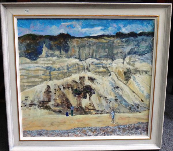 Jason Bowyer (b.1957), Figures beneath cliffs, oil on board, signed and dated '96, 55cm x 60cm. DDS