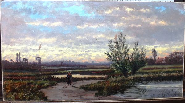 E. Sangster Hooper (19th century), River landscape at sunset, oil on canvas, signed, unframed, 30cm x 56cm.