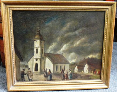 Gyula Rudnay (1878-1957), Figures before a church, oil on canvas laid on board, signed, 39cm x 49cm. DDS