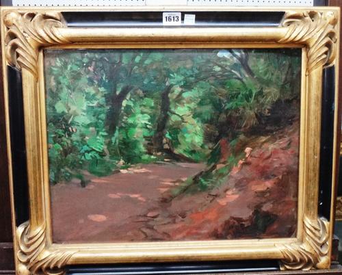 George Denholm Armour (1864-1949), A path through the wood, oil on board, 34cm x 45cm.