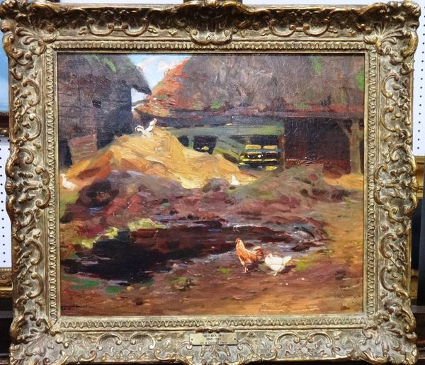 Frederick Hall (1860-1948), On a cottage farm, oil on board, signed, 31cm x 37cm. DDS  Illustrated
