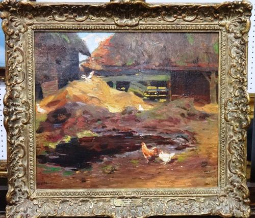 Frederick Hall (1860-1948), On a cottage farm, oil on board, signed, 31cm x 37cm. DDS  Illustrated