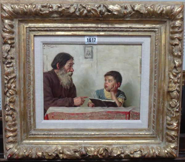 Russian School (20th century), The lesson, oil on board, indistinctly signed and dated 1911, 20cm x 25.5cm.