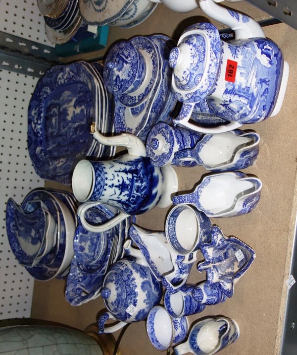 A quantity of blue and white ceramics, including Spode and others, comprising serving plates, teapots, sauceboats, a pickle dish and sundry, (qty). S2