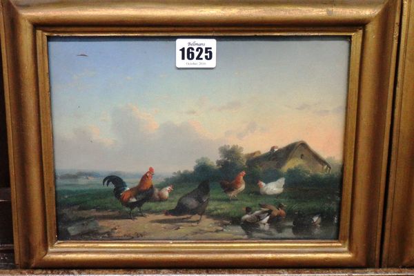Corneille van Leemputten (1841-1902), Poultry in a landscape, a pair, oil on panel, both signed and indistinctly dated, each 17cm x 23.5cm.(2)