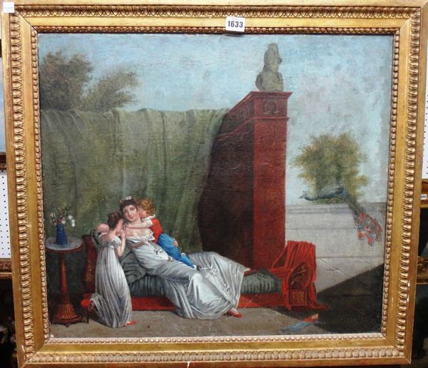 French School (19th century), Mother and children reclining on a chaise longue, oil on canvas, 53cm x 60cm.  Illustrated
