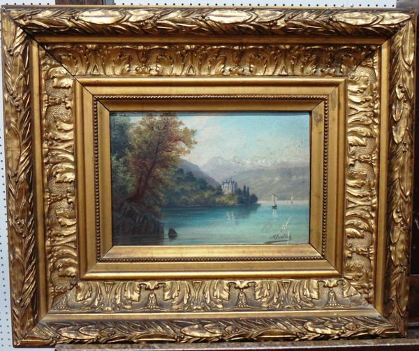 Albert Gysling (1862-1931), Alpine laske scene; Alpine river scene, a pair, oil on board, both signed, each 13cm x 18cm.(2)