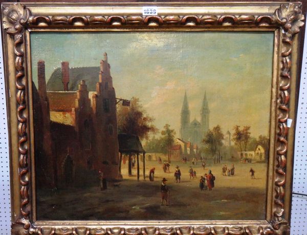Dutch School (17th/18th century), Figures in a town square, oil on canvas, 43cm x 53cm. Illustrated