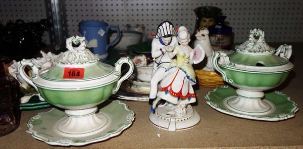 A quantity of ceramics, including Wedgwood green leaf plates, a Chinese serving plate, a blue glass drug jar, a Worcester blue and white bowl, a Spode