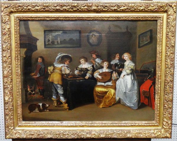 Continental School (18th/19th century), An Evenings's Entertainment: Figures in 17th century dress in an interior, oil on panel, 49cm x 65cm. Illustra