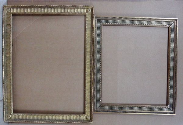 Two 20th century gilt plaster frames, with reeded and beaded decoration, the larger with aperture measuring 72.5cm wide x 98.5cm high.