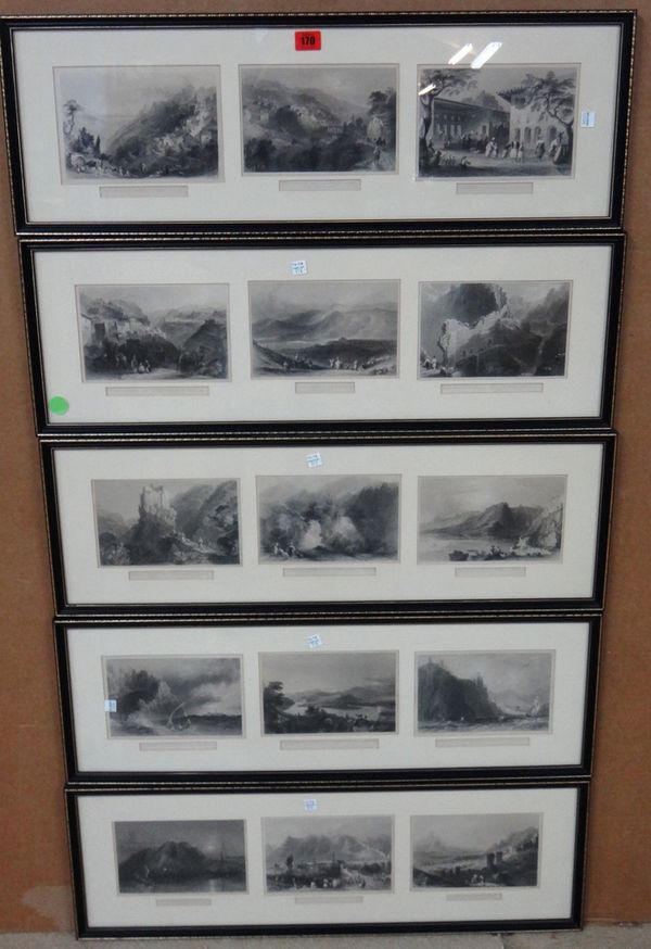 After W. H. Bartlett, Mountainous landscapes, a set of fifteen engravings framed as five, each 14cm x 20cm, (5).  G1
