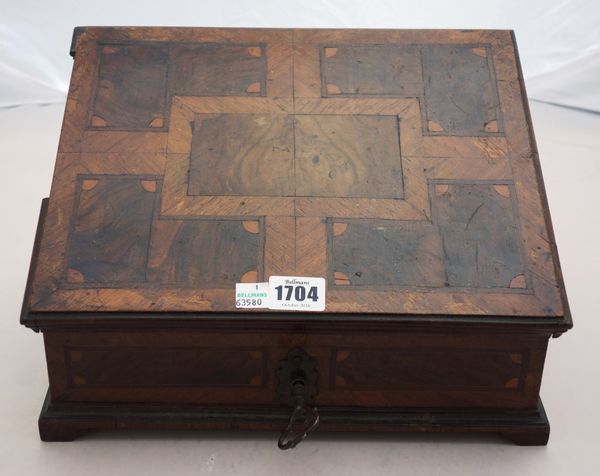 A 19th century laburnum parquetry inlaid slope front box, 31cm wide.