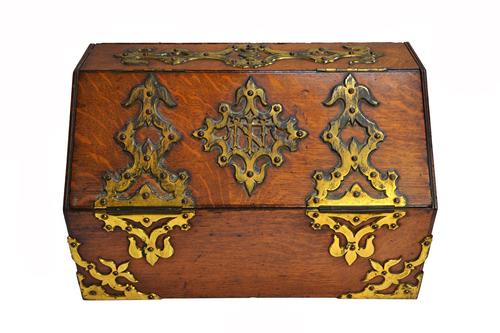 A Victorian Gothic Revival brass bound oak documents box, with double fold out lid, 39cm wide. Illustrated