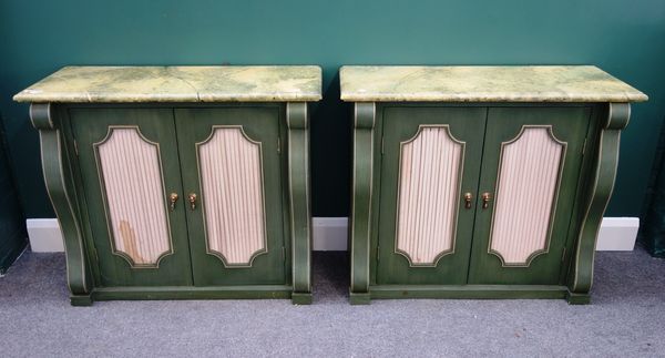 A pair of 20th century green painted side cabinets, each with faux rectangular marble top over a pair of cupboard doors, flanked by shaped sides, 92cm