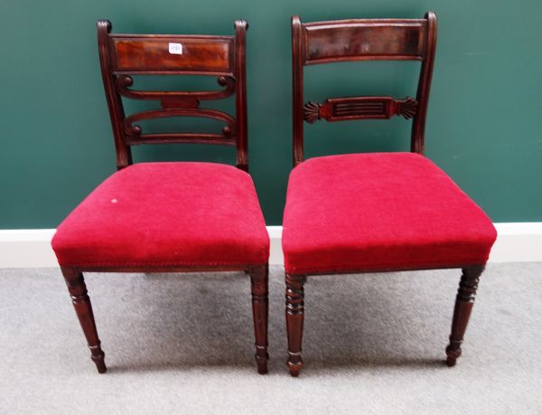 A set of four Regency mahogany framed dining chairs with tablet waist rails and straight front seats, on turned supports, together with a similar set