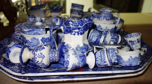A quantity of blue and white ceramics, including Spode and others, egg cups, serving plates, a sauceboat, a coffee pot and sundry (qty). S3T
