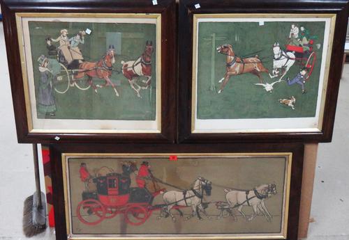 After Cecil Aldin, 'Going Well'; 'Trouble Ahead', The Glasgow/London Royal Mail, a group of three colour lithographs in rosewood frames, the largest 4