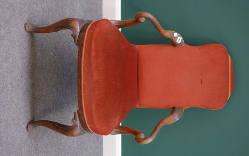 A mid-18th century style walnut framed chair, with shepherds crook open arms and bow seat, on cabriole supports.