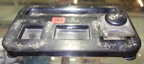 A Jennens & Bettridge black lacquer and mother of pearl inlaid inkstand.