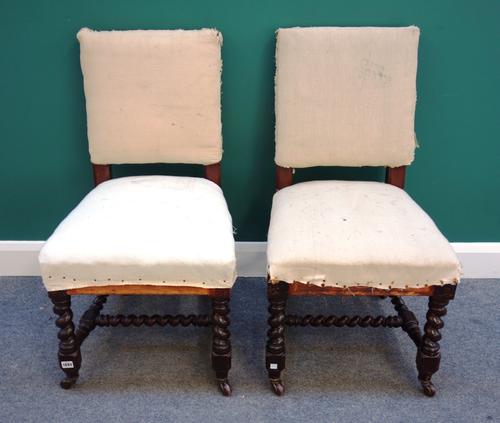 A set of ten Victorian mahogany square back dining chairs, with straight front seats, on barley twist supports and stretchers. (10)