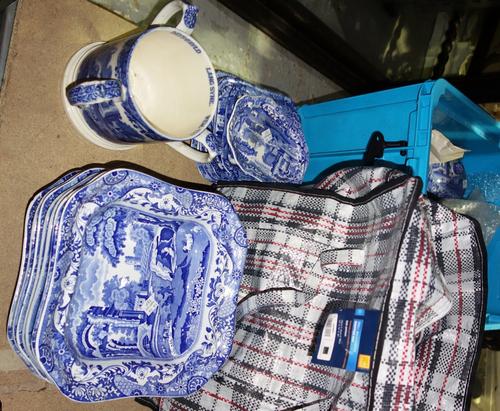 A quantity of blue and white Spode and other ceramics, including seven square bowls, a tyg, small rectangular plates, a teapot and sundry (qty). S3B