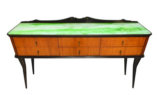 An Italian 1950's walnut and coloured glass dining suite, to comprise table, 90cm wide x 199cm long, six chairs, a sideboard, 163cm wide, and another