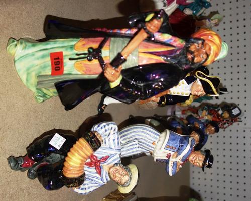 A quantity of Doulton ceramic figures  including; Blue Beard, Jolly Sailor, The Captain, The Hornpipe, Shore leave, The Lobster Man, The Mask Seller,
