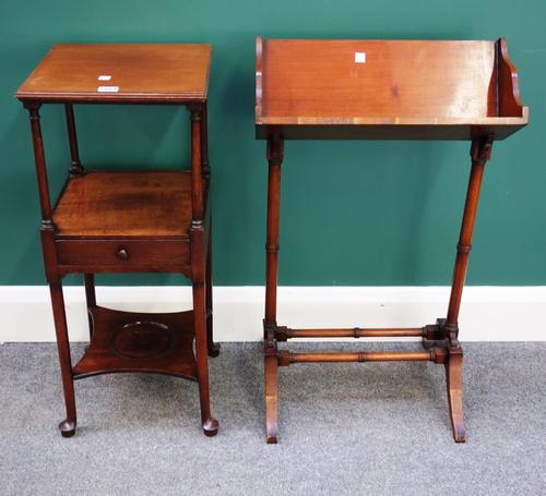 An 18th century mahogany three tier wash stand, a Regency style book trough on stand, 46cm wide and a yellow painted oval tole peinte tray on stand, 6