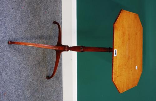 A George III satinwood and fruitwood occasional table, the canted rectangular top on turned column and three slender downswept supports, 41cm.