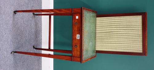 A George III satinwood lady's writing table with sliding lift panel back and leather inset top over single frieze drawer, on tapering square supports,