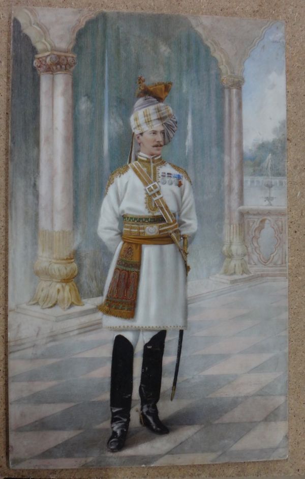 English Colonial School (19th century), Portrait of a gentleman in Colonial military uniform, watercolour on opaline glass, unframed, 33cm x 20cm.  CA