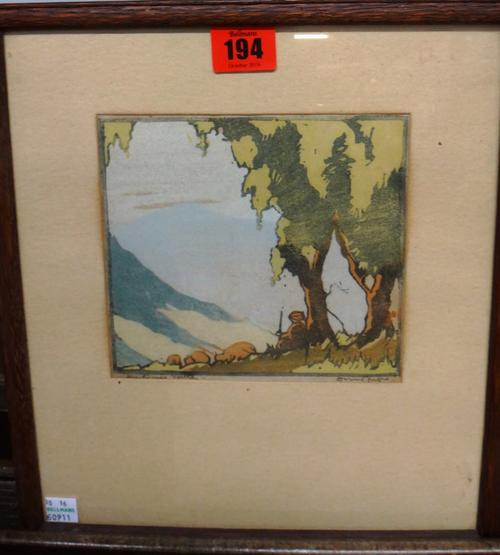 ** Thorpe? (early 20th century), Valley, colour woodblock print, indistinctly signed and inscribed, 14.5cm x 15cm.