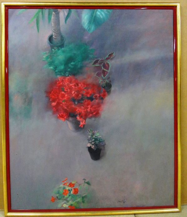 British School (20th century), Still life of potted azalea and other plants, oil on canvas, indistinctly signed, 119cm x 98cm.