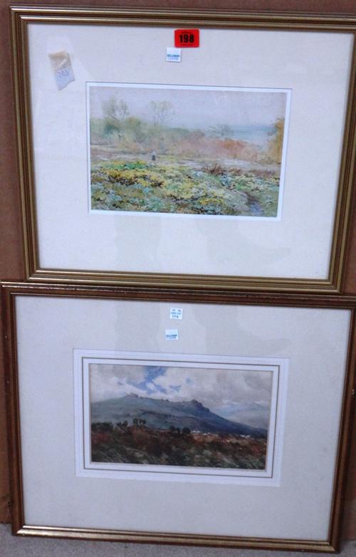 Claude Hayes (1852-1922), Springtime, watercolour, signed, 17cm x 25cm.; together with a view of Dartmoor by Edwin Holman, (2). E1